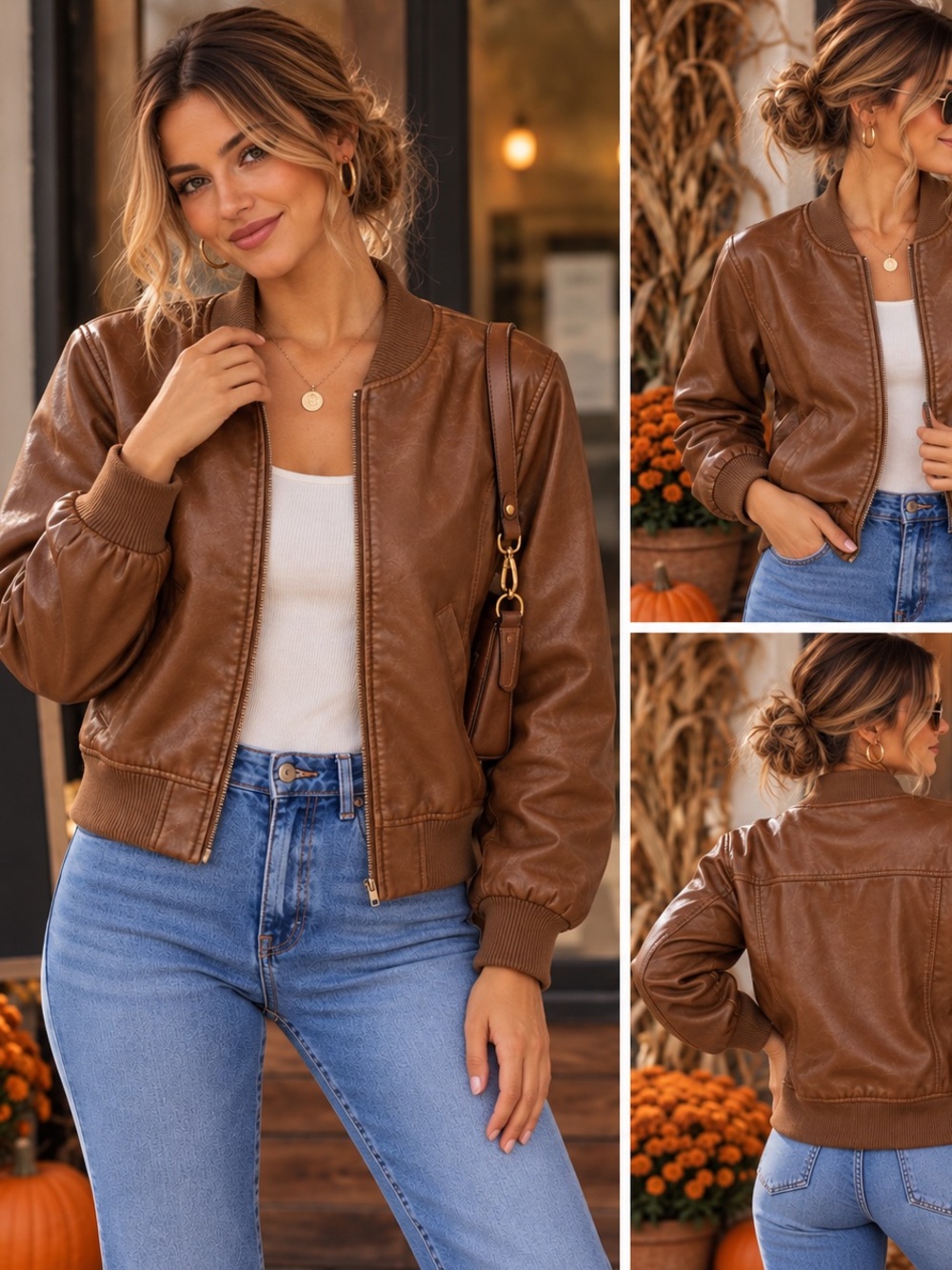 iris Cognac Brown Faux Leather Bomber Jacket